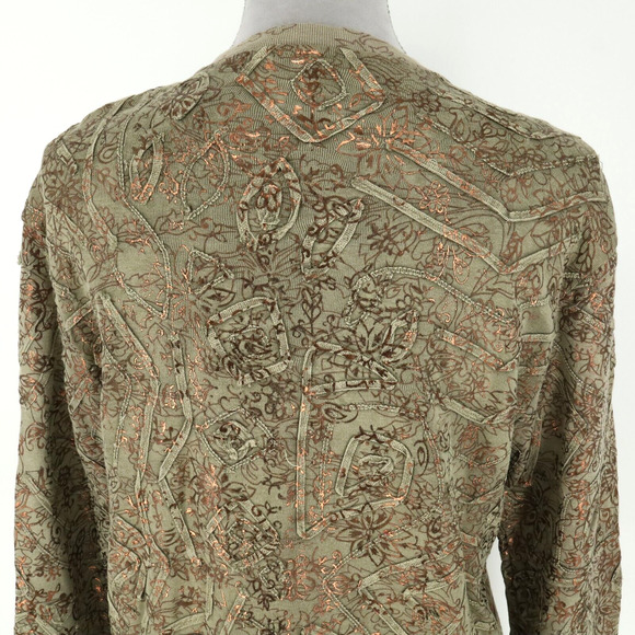 Chicos Sweater 1 Womens Medium 8 Green Full Zip Copper Metallic Stretch Knit - Picture 11 of 16